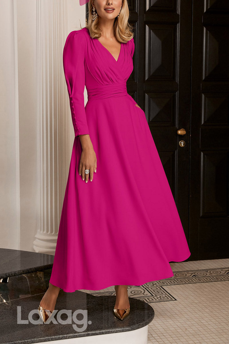 22846 - A-Line V-Neck Long Sleeves Sleek Satin Elegant Mother of the Bride Dress