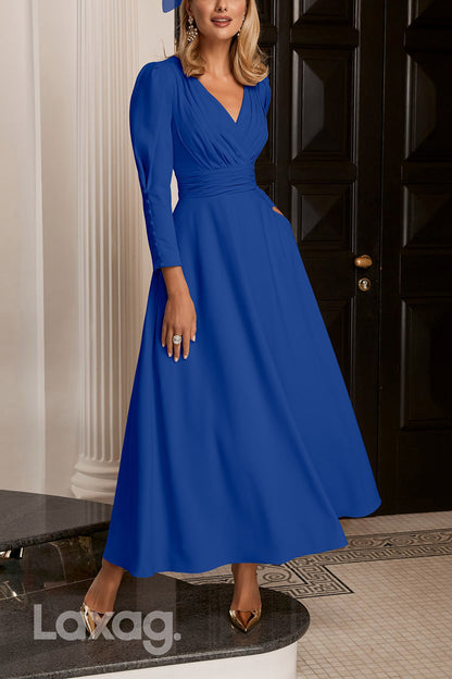 22846 - A-Line V-Neck Long Sleeves Sleek Satin Elegant Mother of the Bride Dress