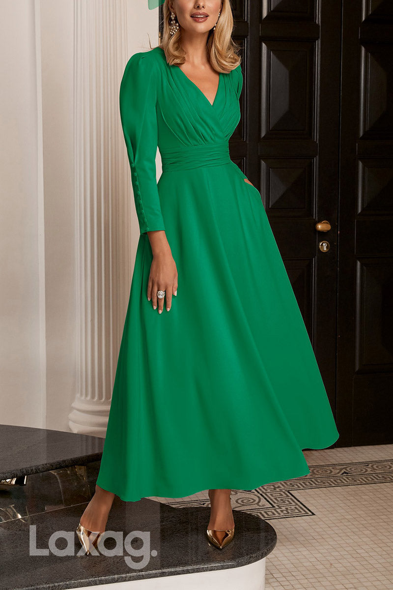 22846 - A-Line V-Neck Long Sleeves Sleek Satin Elegant Mother of the Bride Dress