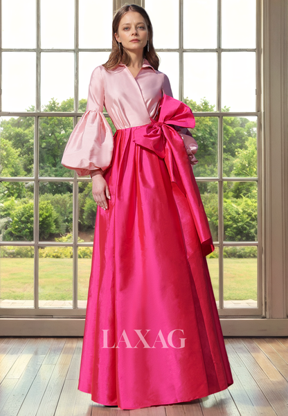 A-Line V-Neck Long Sleeves Sleek Satin Mother of the Bride Dress with Bow Detail