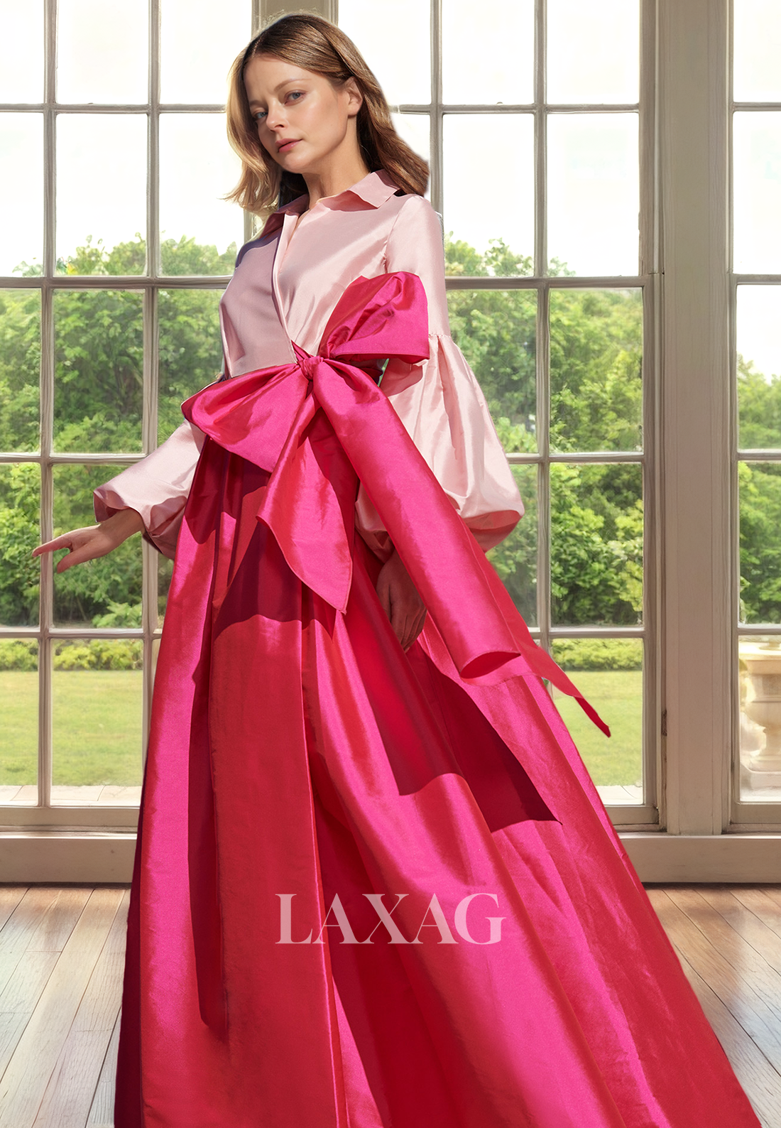 A-Line V-Neck Long Sleeves Sleek Satin Mother of the Bride Dress with Bow Detail