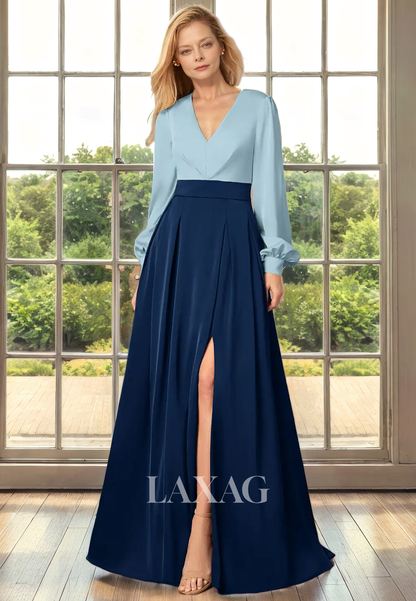 A-Line V-Neck Long Sleeves Sleek Satin Mother of the Bride Dress with Slit