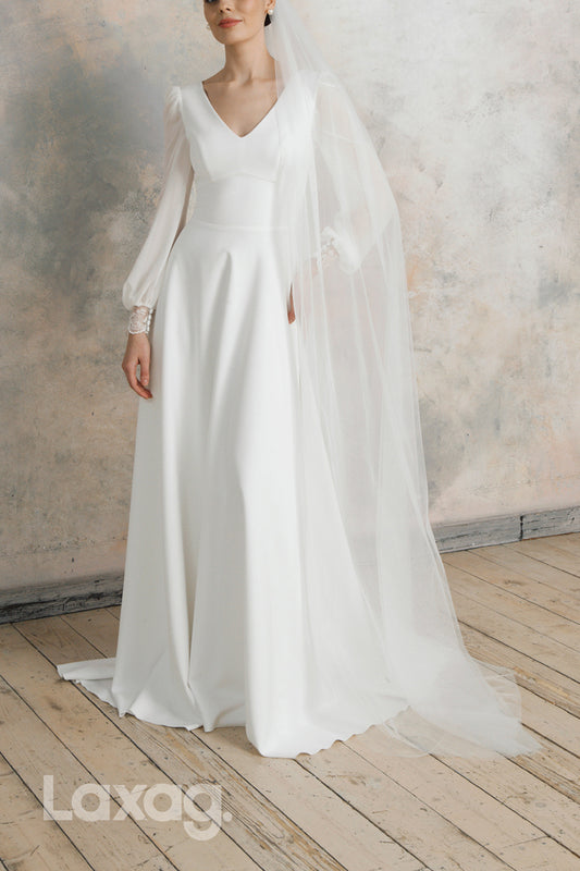 22618 - A-Line V-Neck Long Sleeves Sleek Satin Wedding Dress