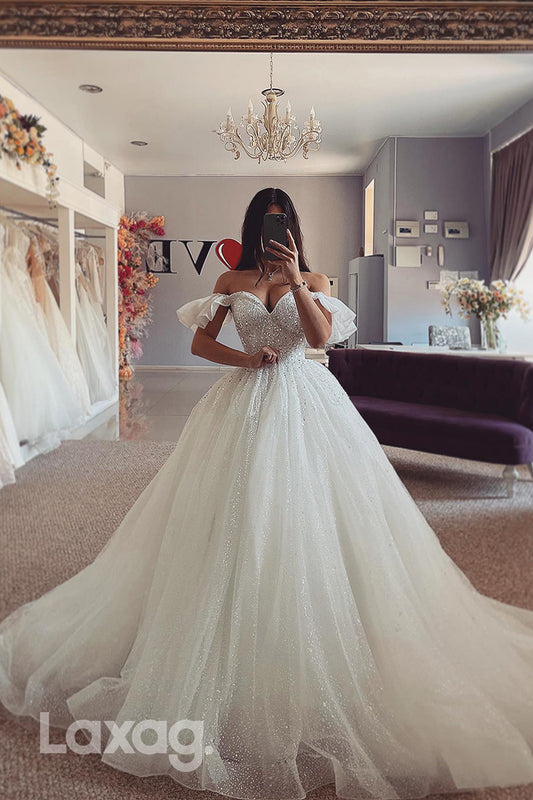 22401 - A-Line V-Neck Off Shoulder Sparkly Beaded Tulle Wedding Dress