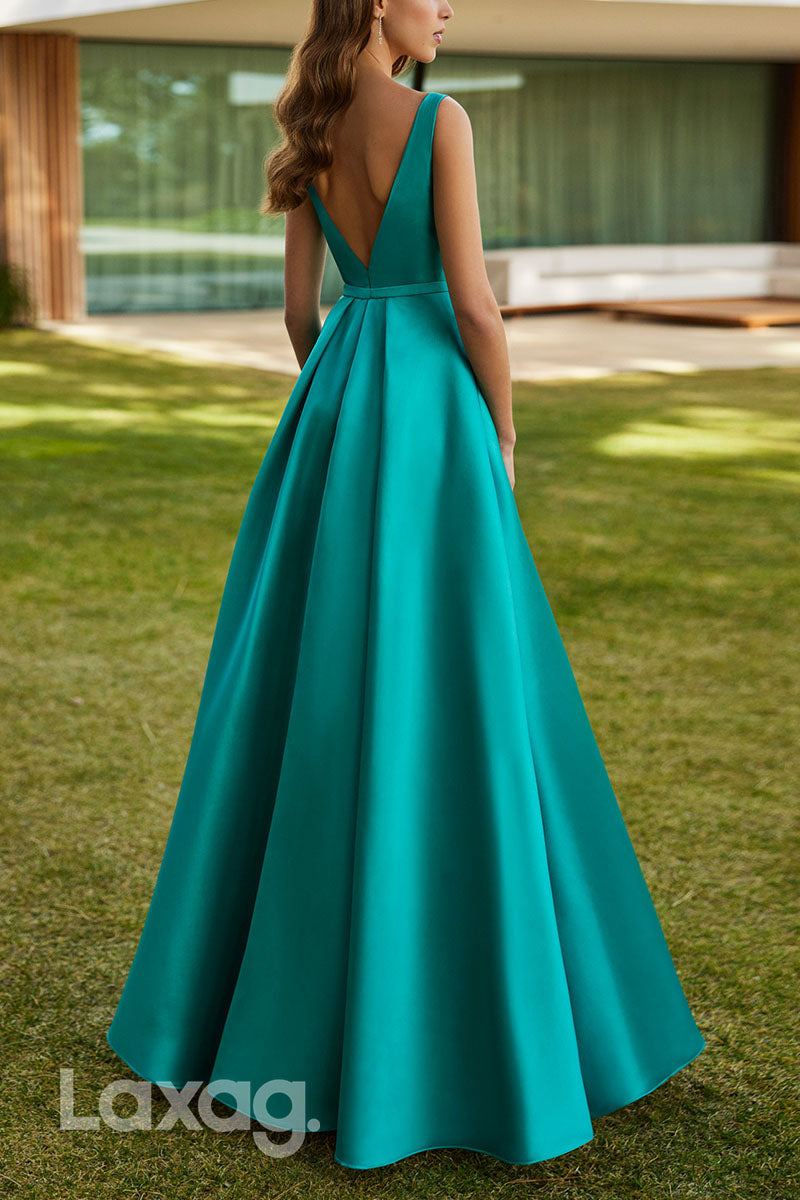 23074 - A-Line V-Neck Open Back Sleek Satin Cocktail Party Formal Evening Dress