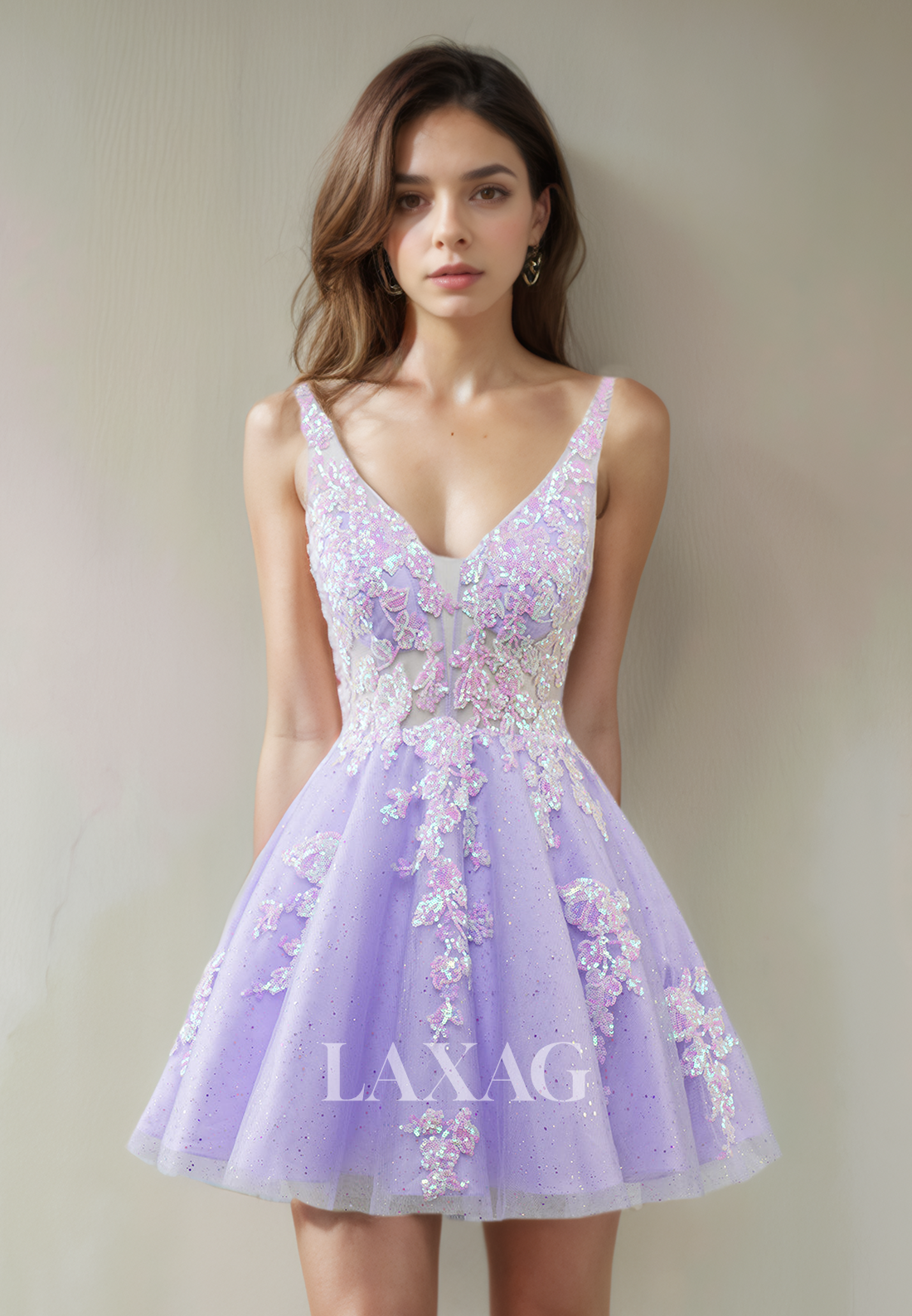 A-Line V-Neck Open Back Tulle Sequins Elegant Party Homecoming Dress