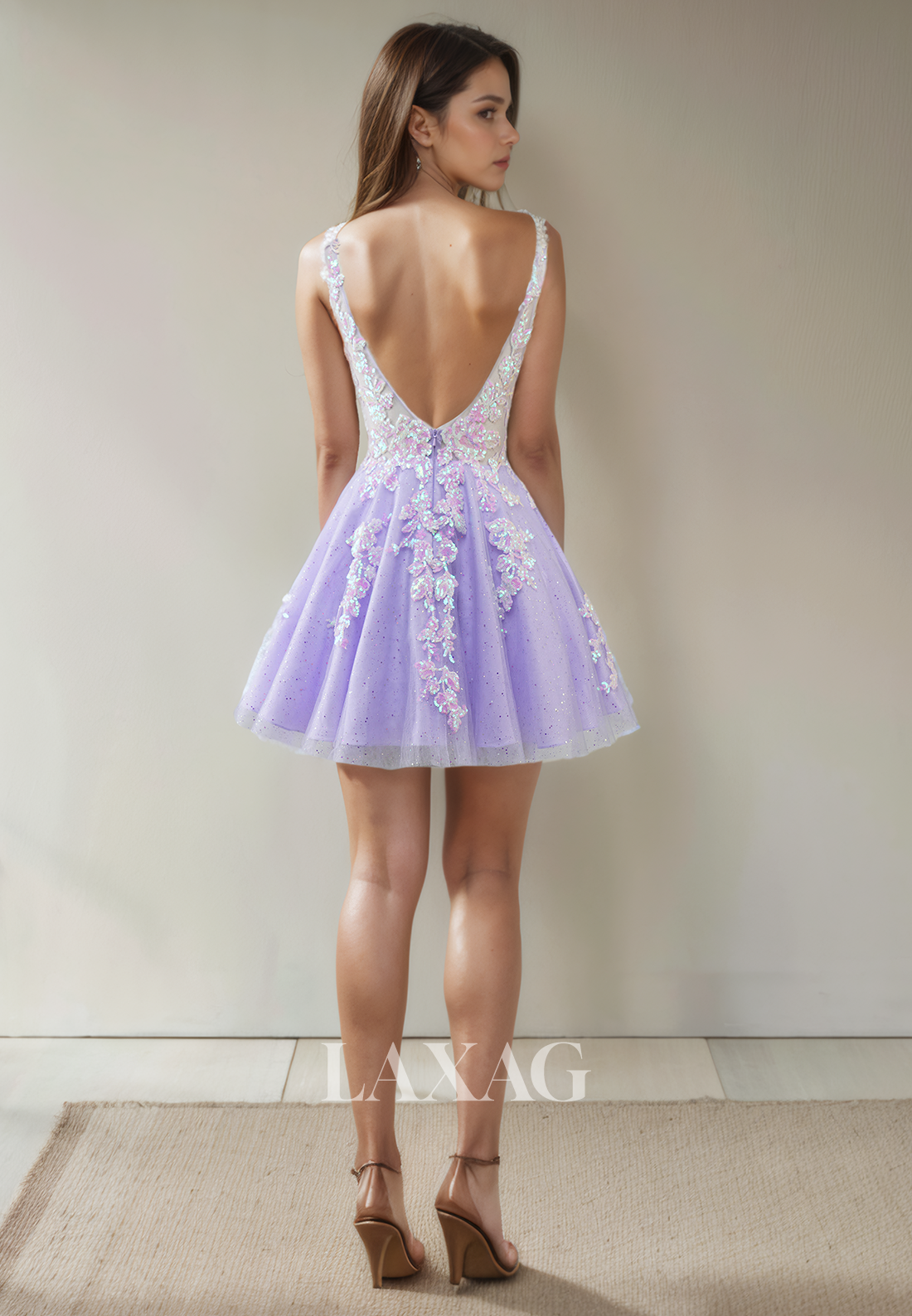 A-Line V-Neck Open Back Tulle Sequins Elegant Party Homecoming Dress