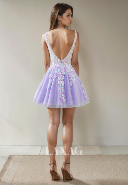 A-Line V-Neck Open Back Tulle Sequins Elegant Party Homecoming Dress