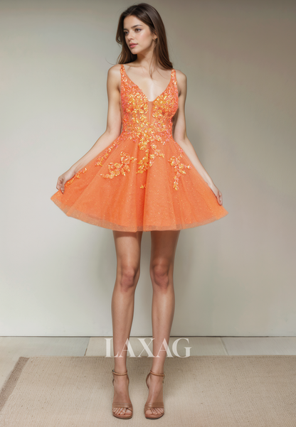 A-Line V-Neck Open Back Tulle Sequins Elegant Party Homecoming Dress