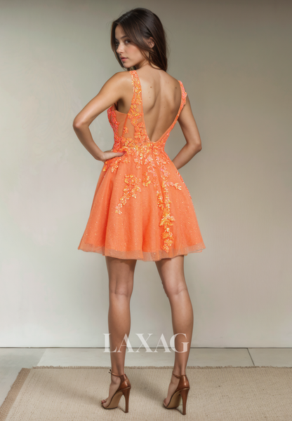 A-Line V-Neck Open Back Tulle Sequins Elegant Party Homecoming Dress