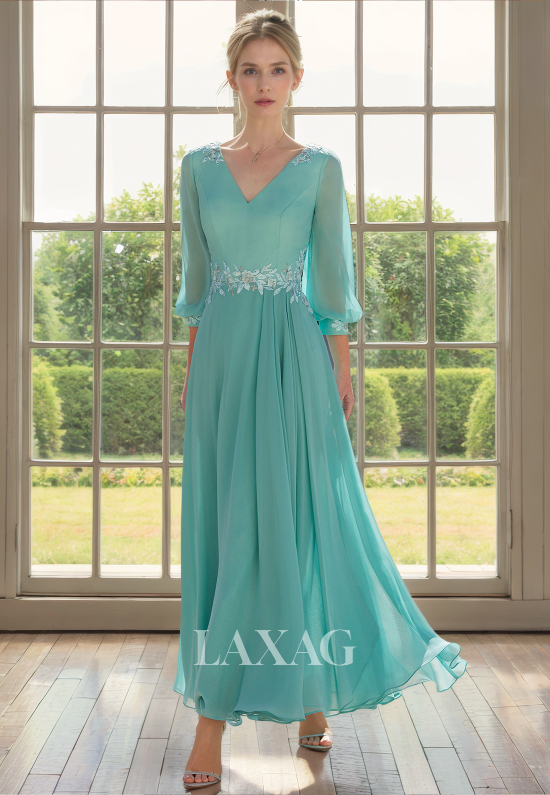 A-Line V-Neck Quarter Sleeves Appliques Beaded Elegant Mother of the Bride Dress