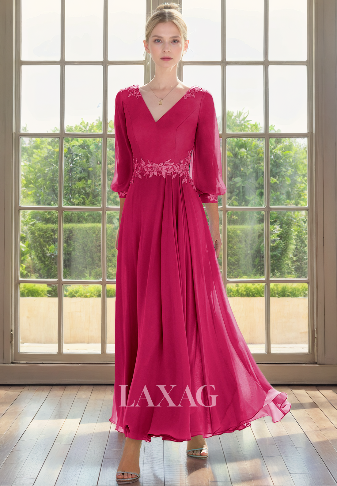 A-Line V-Neck Quarter Sleeves Appliques Beaded Elegant Mother of the Bride Dress