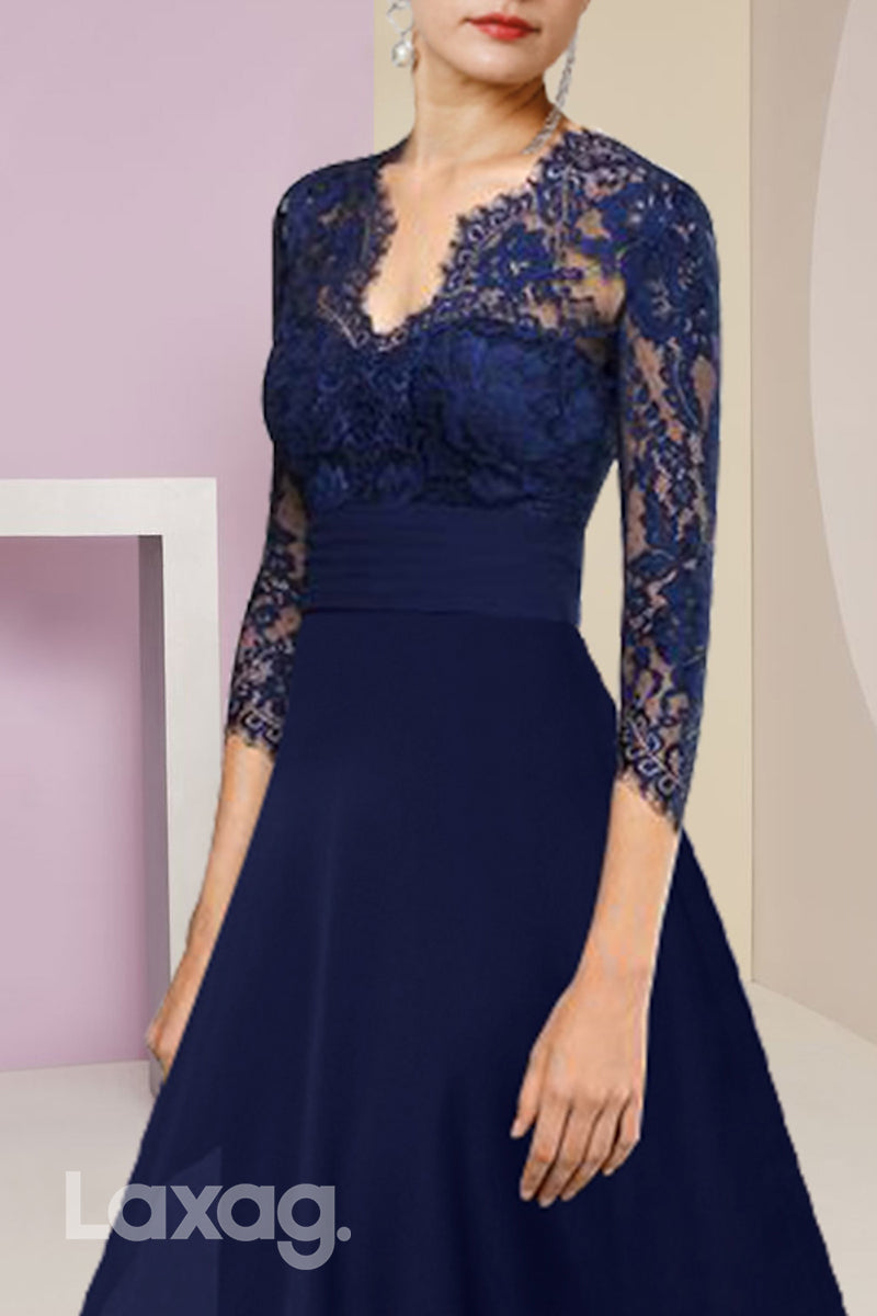 22518 - A-Line V-Neck Quarter Sleeves Appliques Chiffon Mother of the Bride Dress