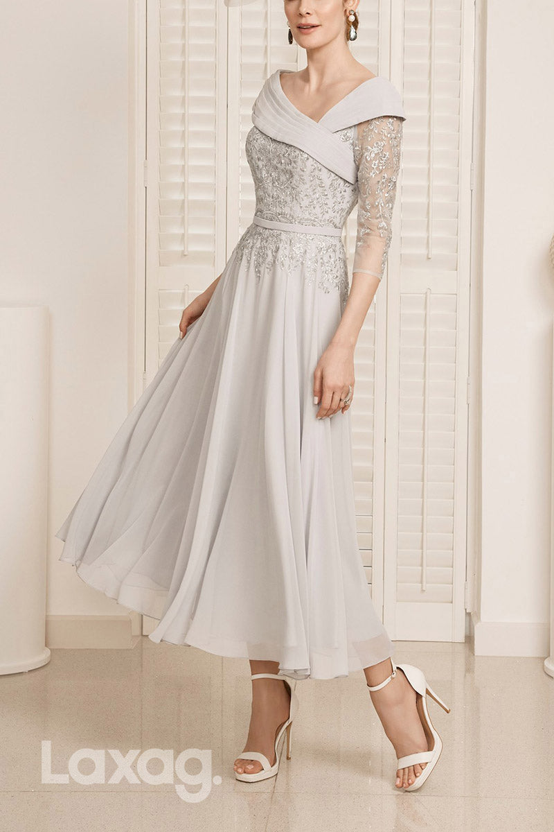 22839 - A-Line V-Neck Quarter Sleeves Appliques Sequins Mother of the Bride Dress