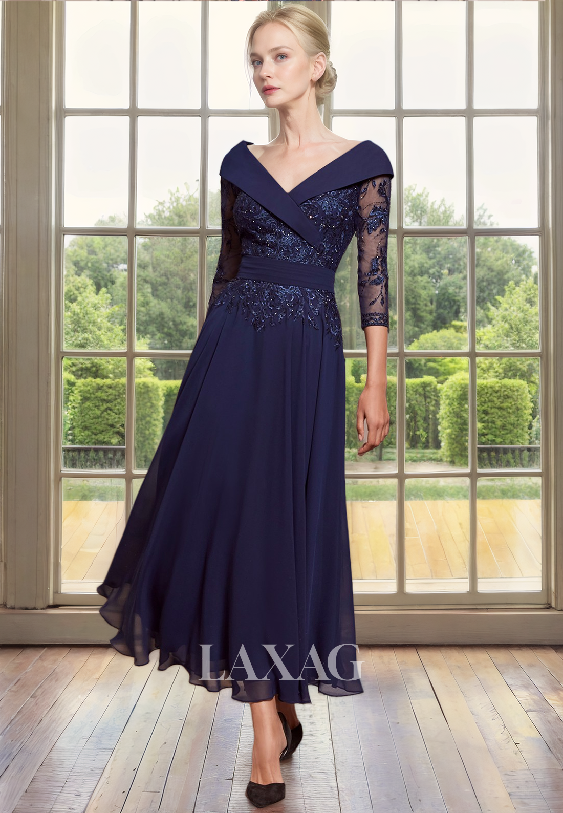 A-Line V-Neck Quarter Sleeves Beaded Appliques Mother of the Bride Dress