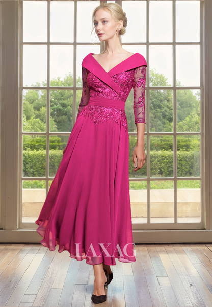 A-Line V-Neck Quarter Sleeves Beaded Appliques Mother of the Bride Dress