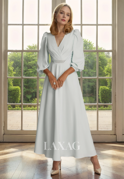 A-Line V-Neck Quarter Sleeves Beaded Sleek Satin Mother of the Bride Dress