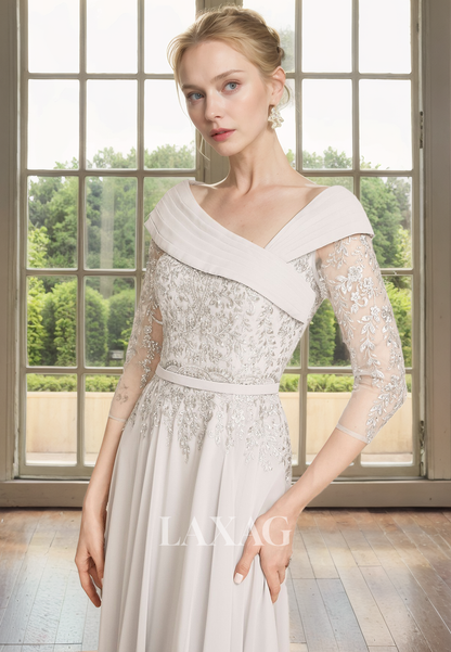 A-Line V-Neck Quarter Sleeves Lace Appliques Mother of the Bride Dress