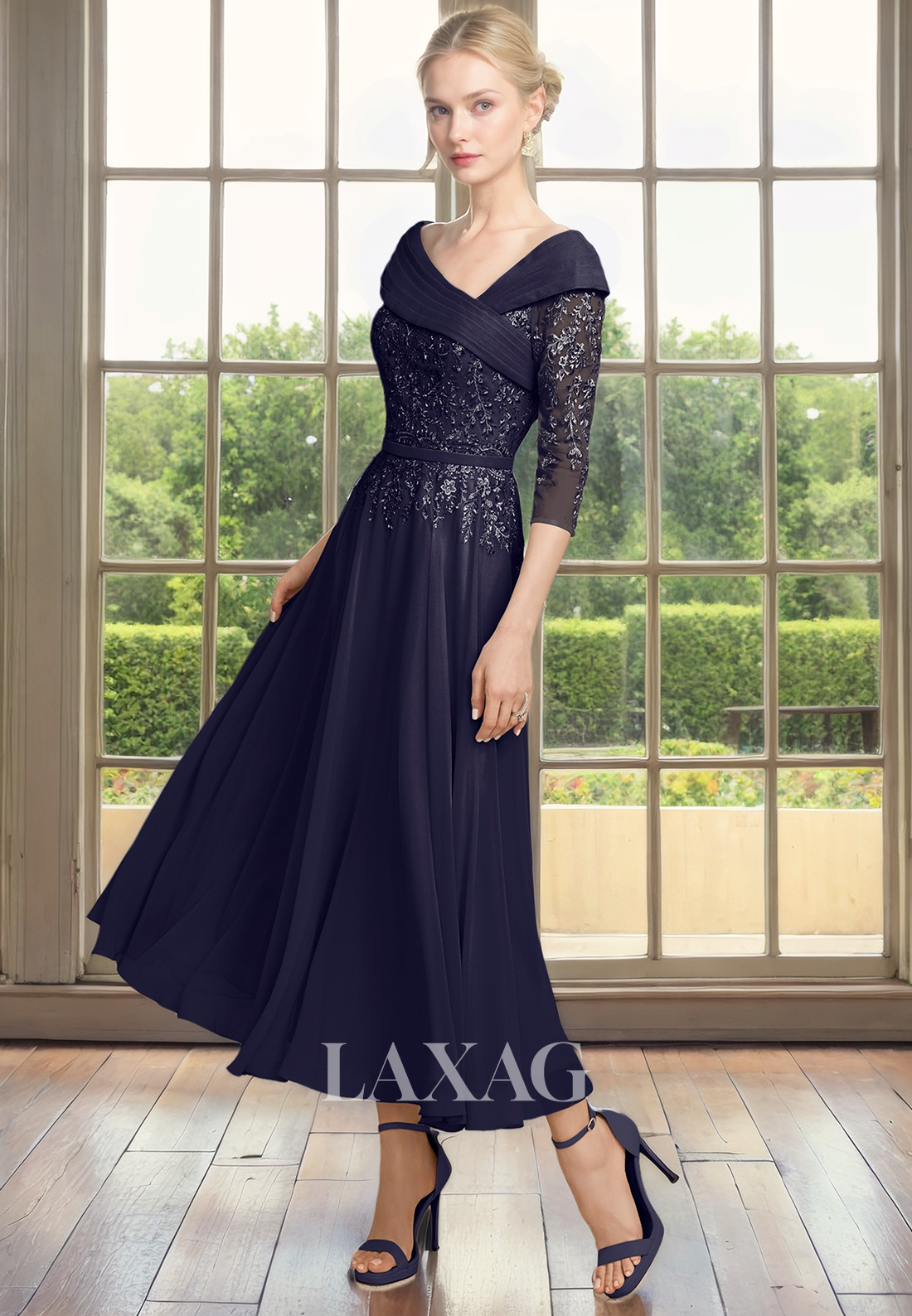 A-Line V-Neck Quarter Sleeves Lace Appliques Mother of the Bride Dress