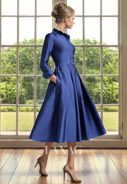 A-Line V-Neck Quarter Sleeves Sleek Satin Ankle-Length Mother of the Bride Dress