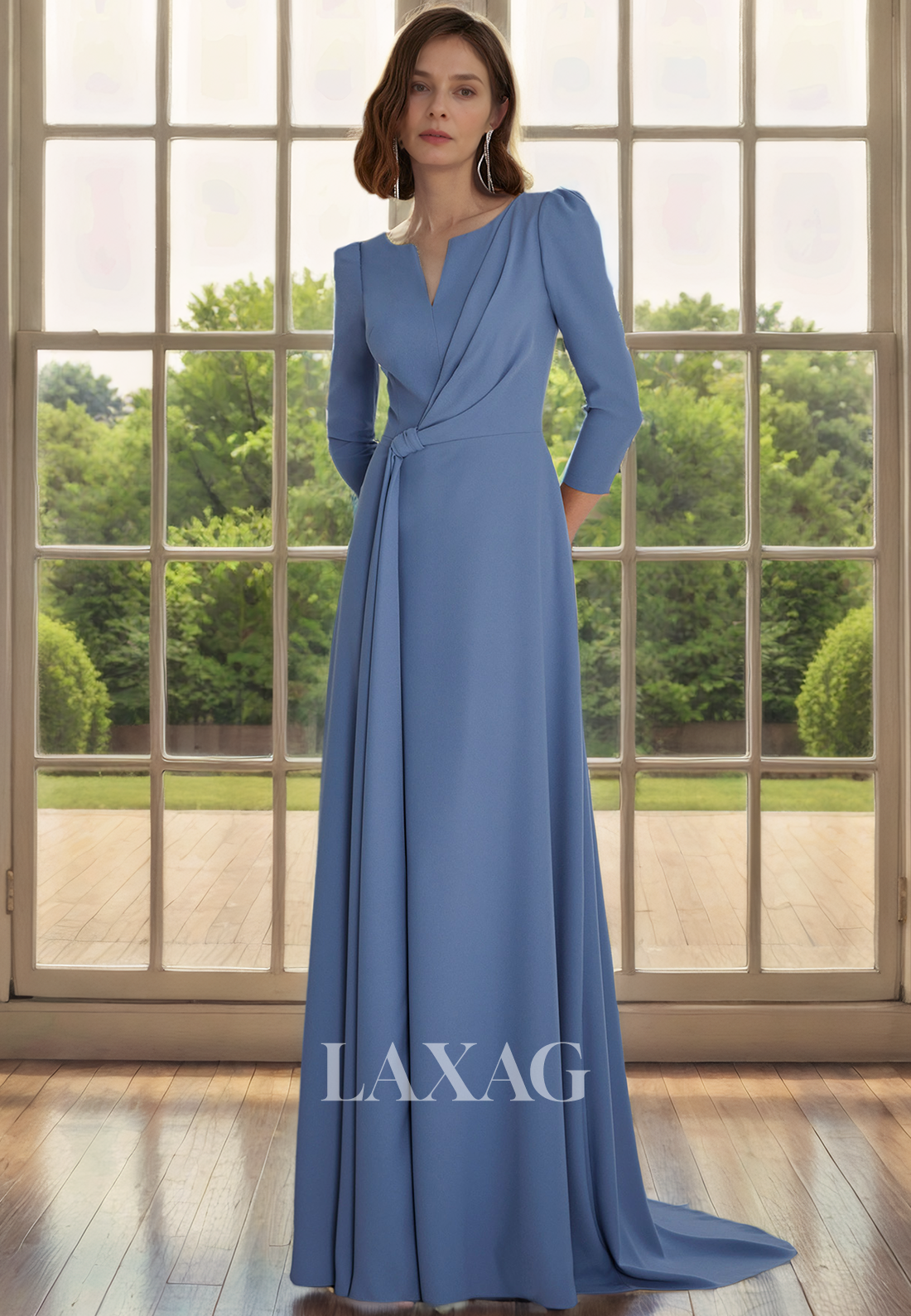 A-Line V-Neck Quarter Sleeves Sleek Satin Elegant Mother of the Bride Dress