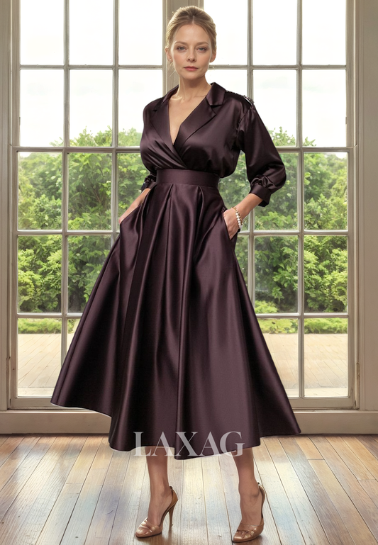 A-Line V-Neck Quarter Sleeves Sleek Satin Elegant Mother of the Bride Dress