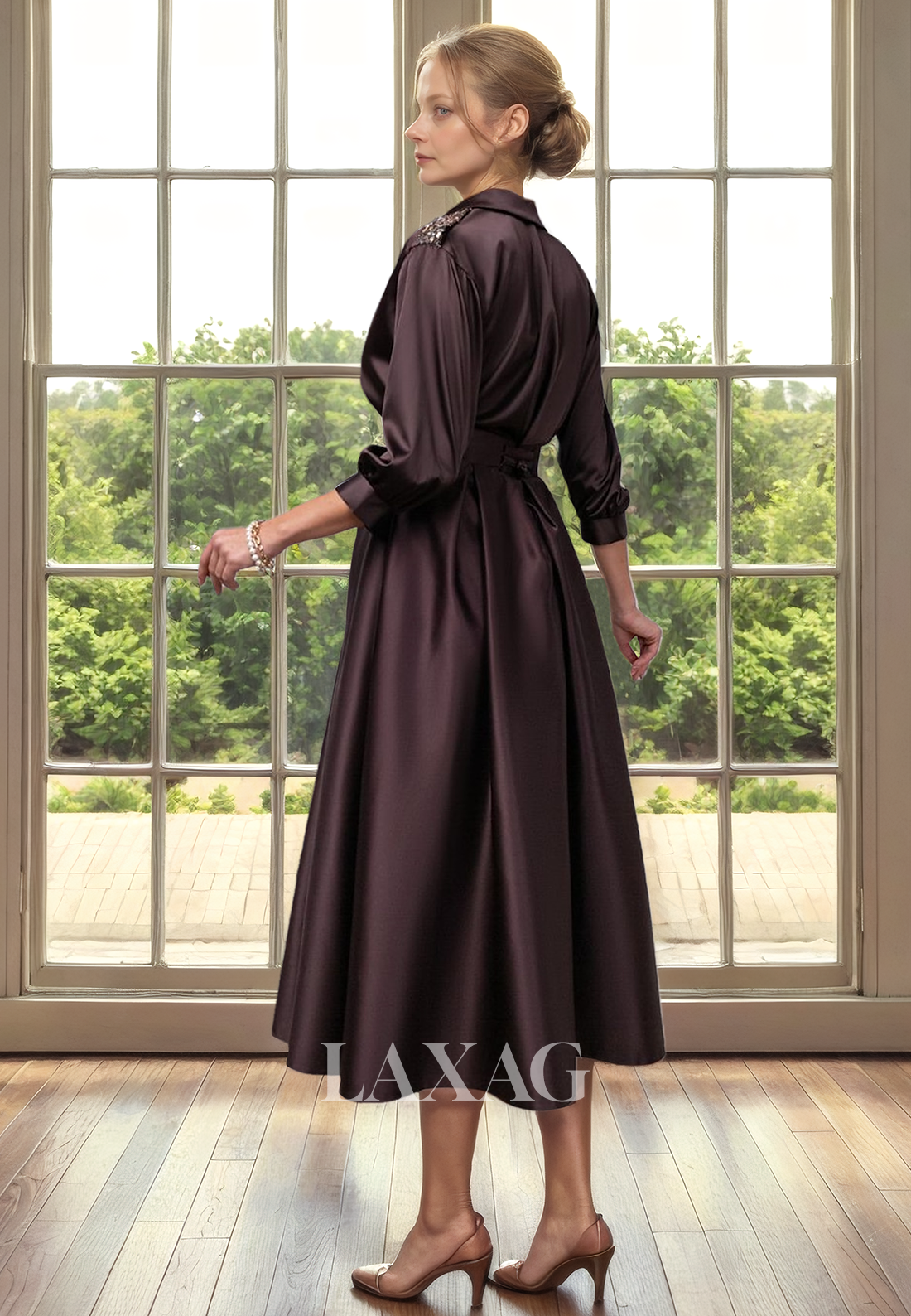 A-Line V-Neck Quarter Sleeves Sleek Satin Elegant Mother of the Bride Dress