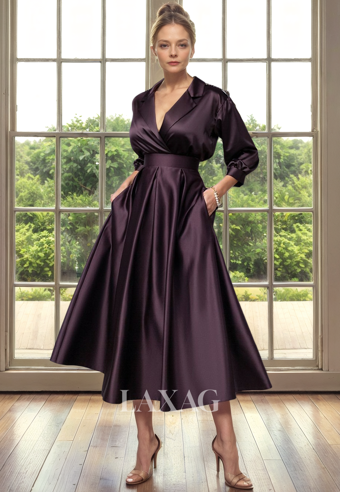 A-Line V-Neck Quarter Sleeves Sleek Satin Elegant Mother of the Bride Dress