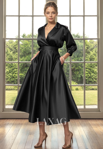 A-Line V-Neck Quarter Sleeves Sleek Satin Elegant Mother of the Bride Dress