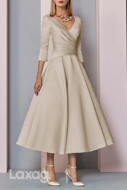 22513 - A-Line V-Neck Quarter Sleeves Sleek Satin Mother of the Bride Dress