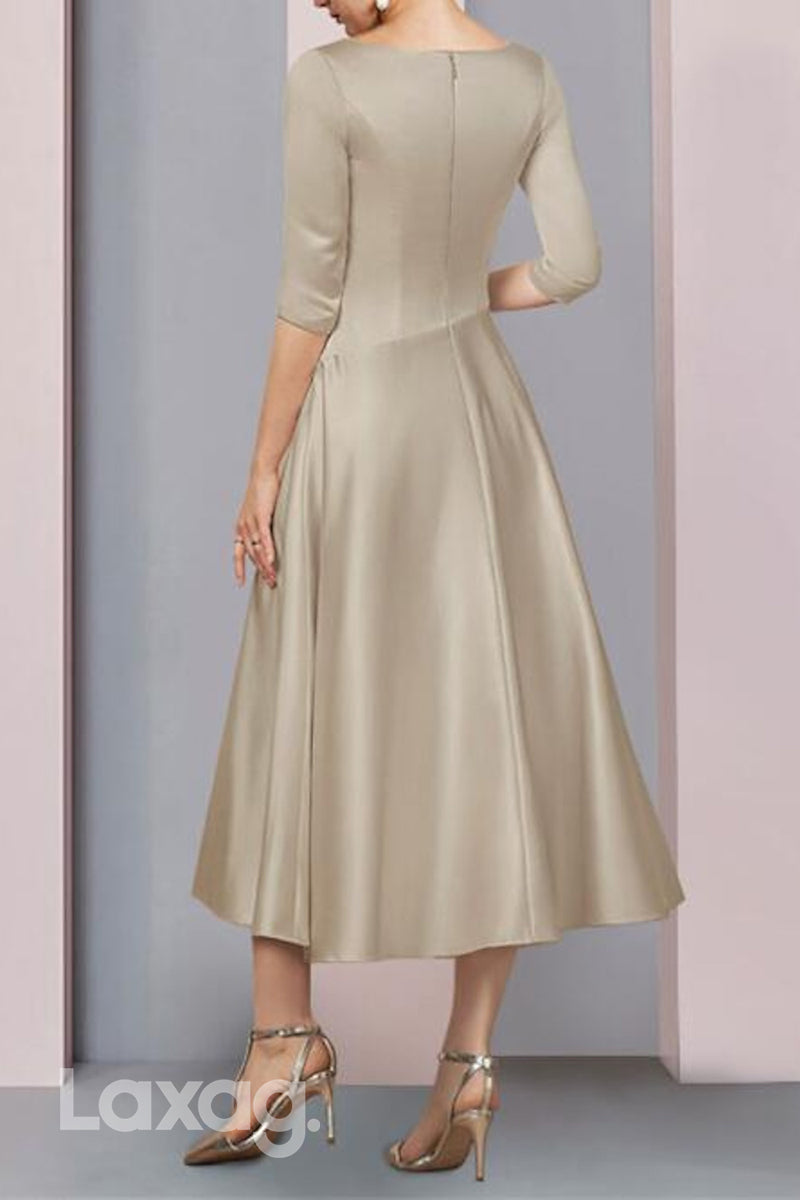 22513 - A-Line V-Neck Quarter Sleeves Sleek Satin Mother of the Bride Dress