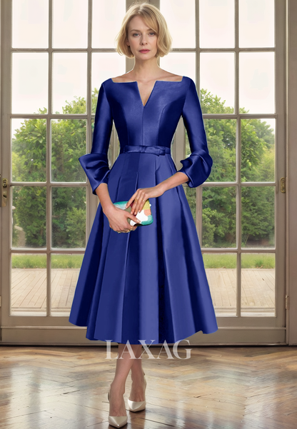 A-Line V-Neck Quarter Sleeves Sleek Satin Elegant Mother of the Bride Dress