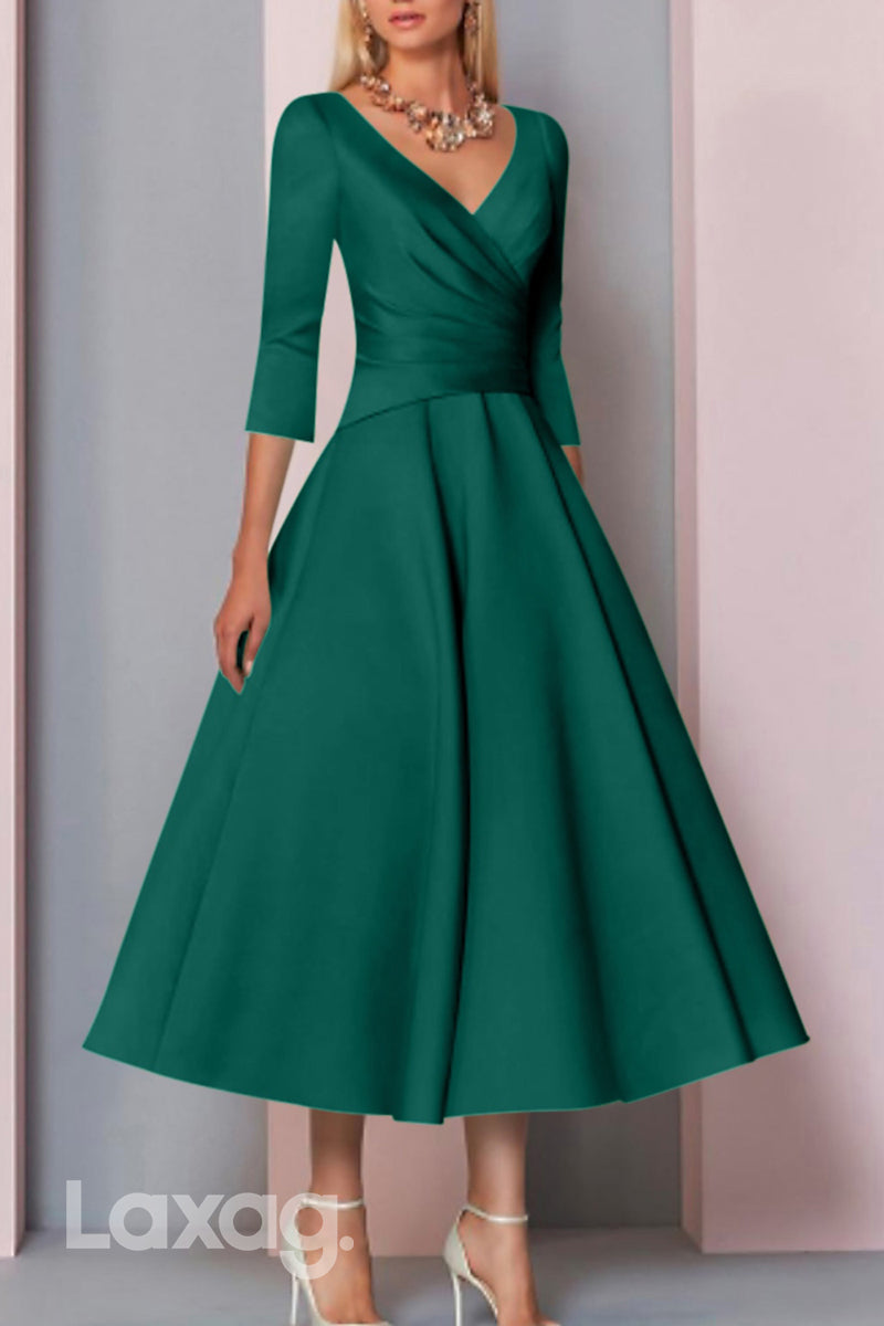 22513 - A-Line V-Neck Quarter Sleeves Sleek Satin Mother of the Bride Dress