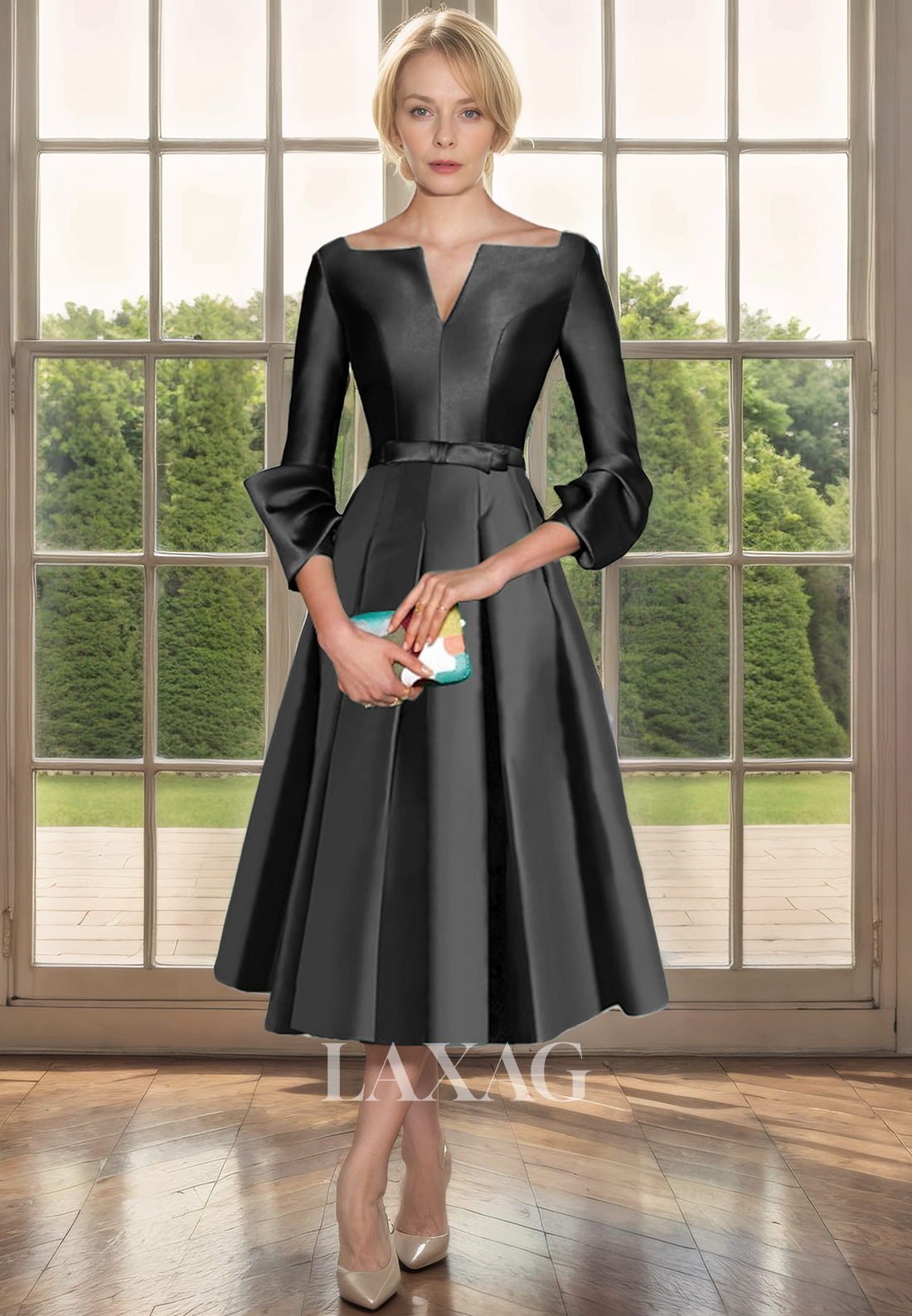 A-Line V-Neck Quarter Sleeves Sleek Satin Elegant Mother of the Bride Dress