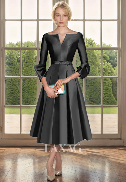 A-Line V-Neck Quarter Sleeves Sleek Satin Elegant Mother of the Bride Dress