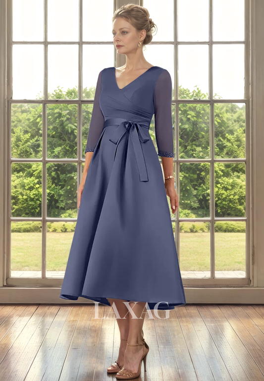 A-Line V-Neck Quarter Sleeves Sleek Satin Mother of the Bride Dress with Bow Detail