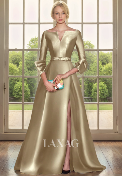 A-Line V-Neck Quarter Sleeves Sleek Satin Mother of the Bride Dress with Slit