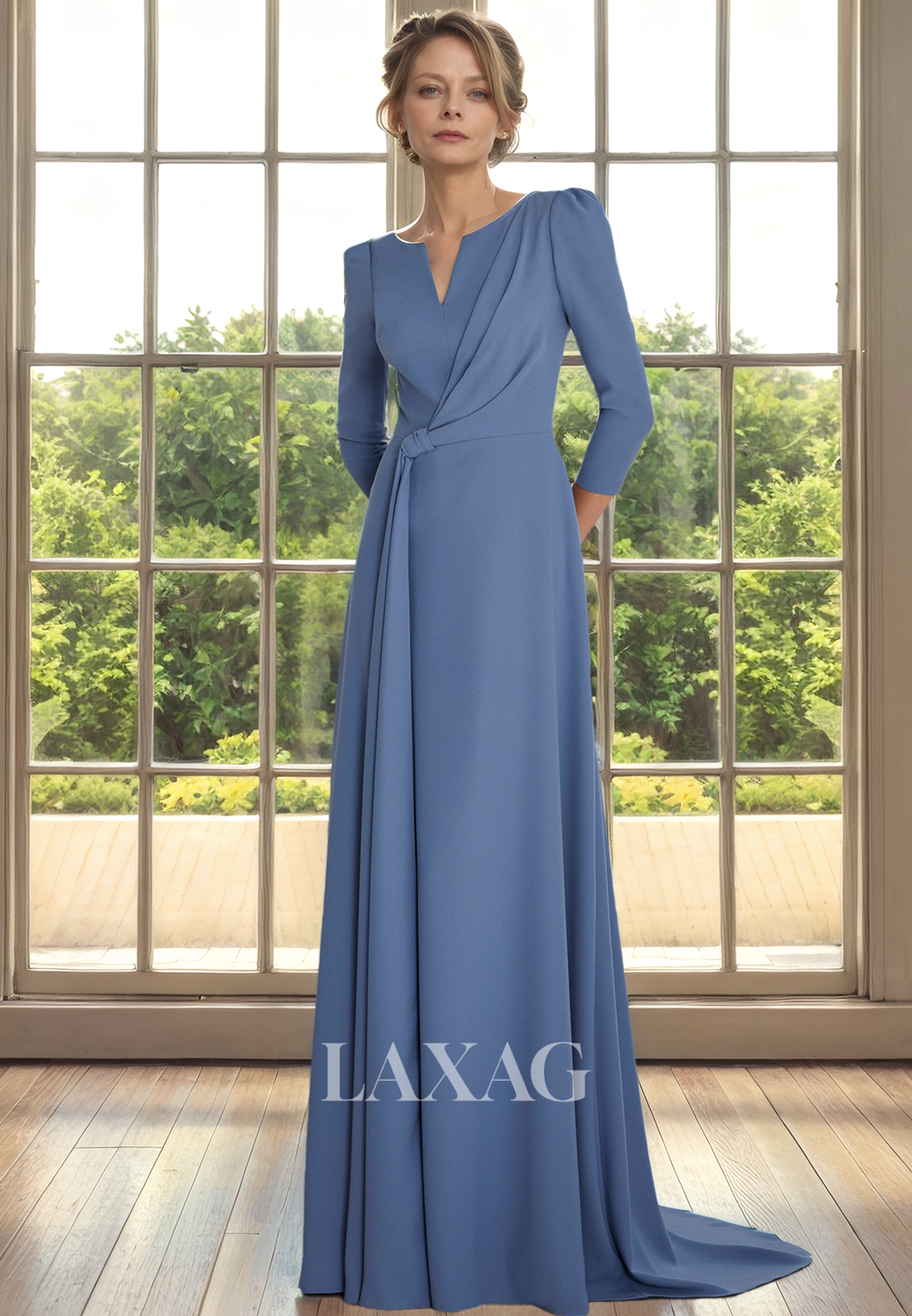 A-Line V-Neck Quarter Sleeves Sleek Satin Mother of the Bride Dress with Train