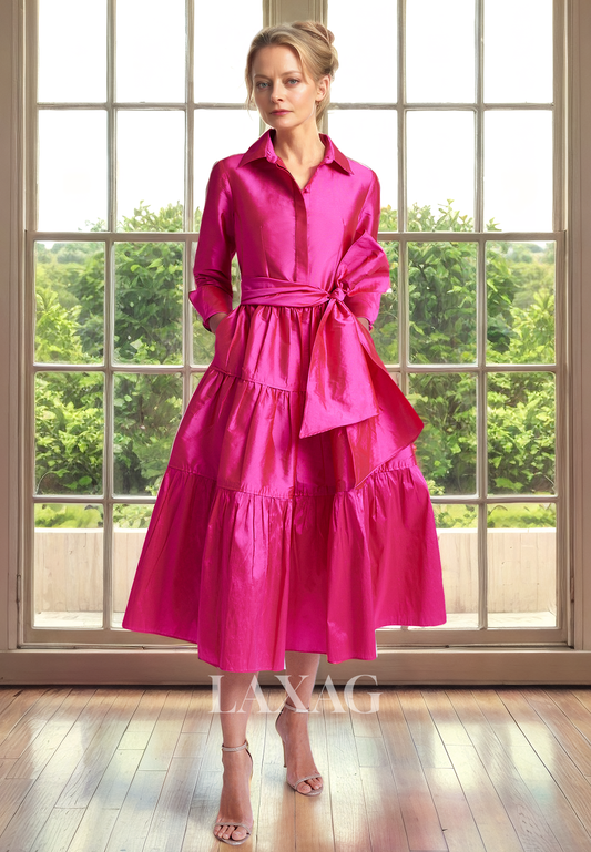 A-Line V-Neck Quarter Sleeves Sleek Satin Tea-Length Mother of the Bride Dress