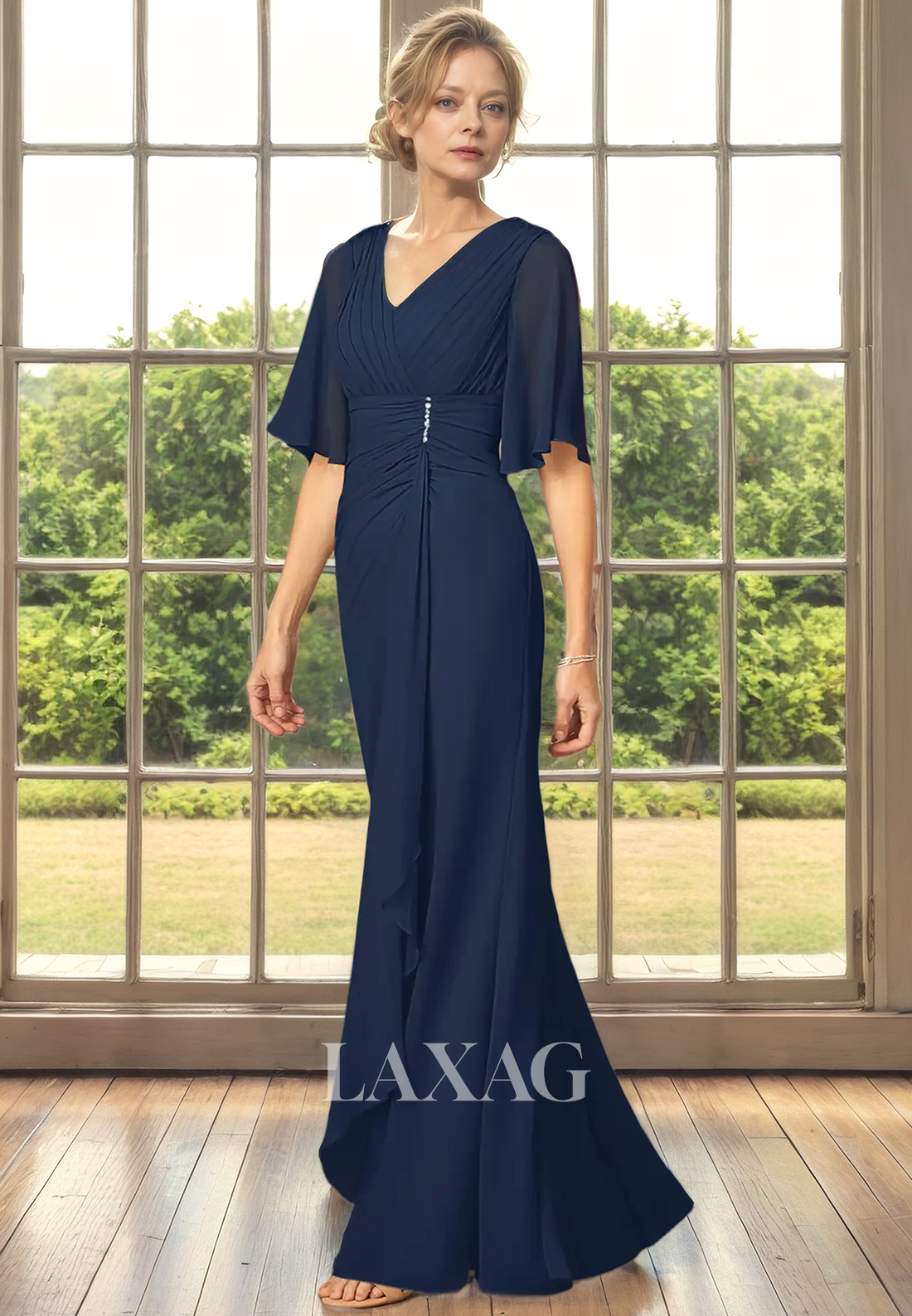 A-Line V-Neck Short Sleeves Beaded Chiffon Elegant Mother of the Bride Dress