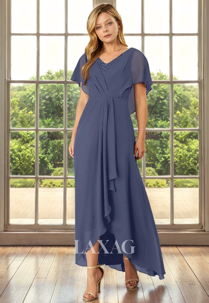 A-Line V-Neck Short Sleeves Chiffon Elegant Mother of the Bride Dress