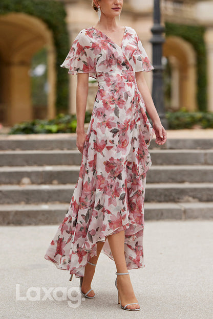 23007 - A-Line V-Neck Short Sleeves Printed Chiffon Mother of the Bride Dress