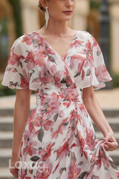 23007 - A-Line V-Neck Short Sleeves Printed Chiffon Mother of the Bride Dress