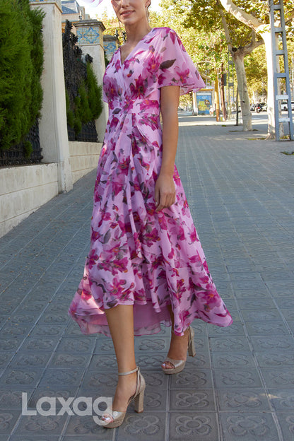 23007 - A-Line V-Neck Short Sleeves Printed Chiffon Mother of the Bride Dress