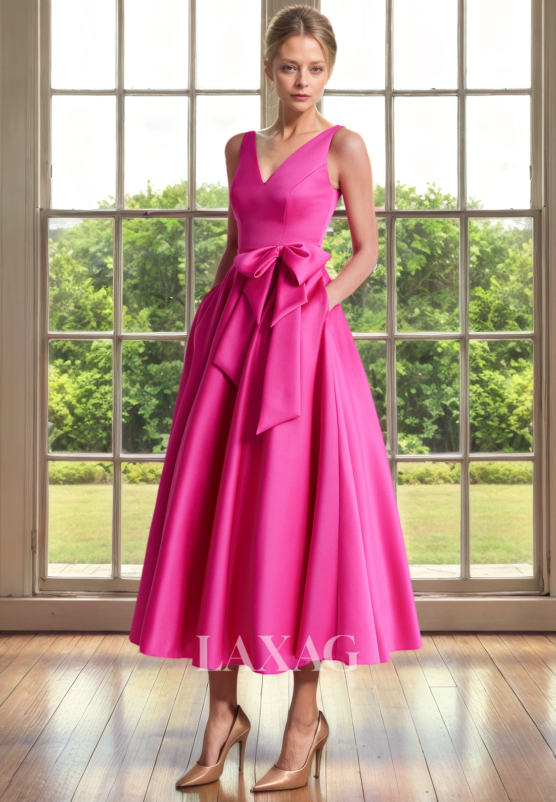 A-Line V-Neck Sleek Satin Elegant Ankle-Length Mother of the Bride Dress