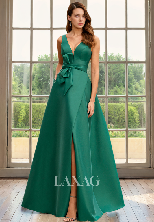 A-Line V-Neck Sleeveless Open Back Mother of the Bride Dress with Slit