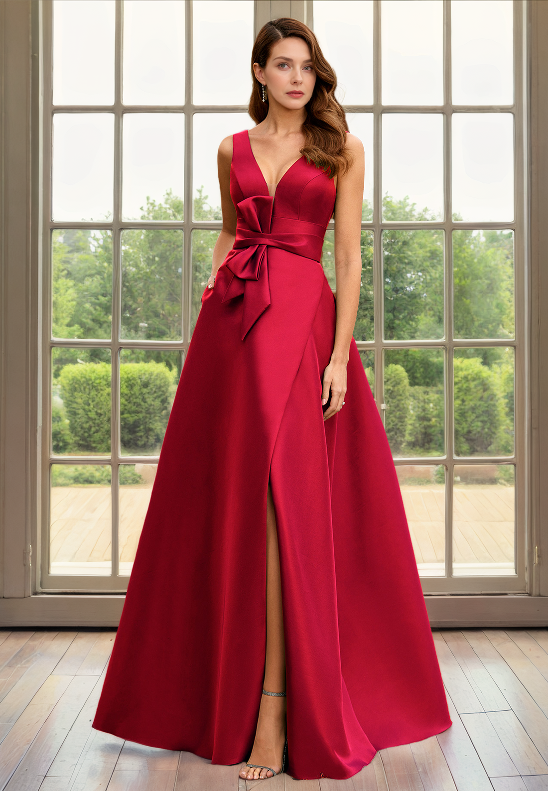 23054 - A-Line V-Neck Open Back Cocktail Party Formal Evening Dress with Slit