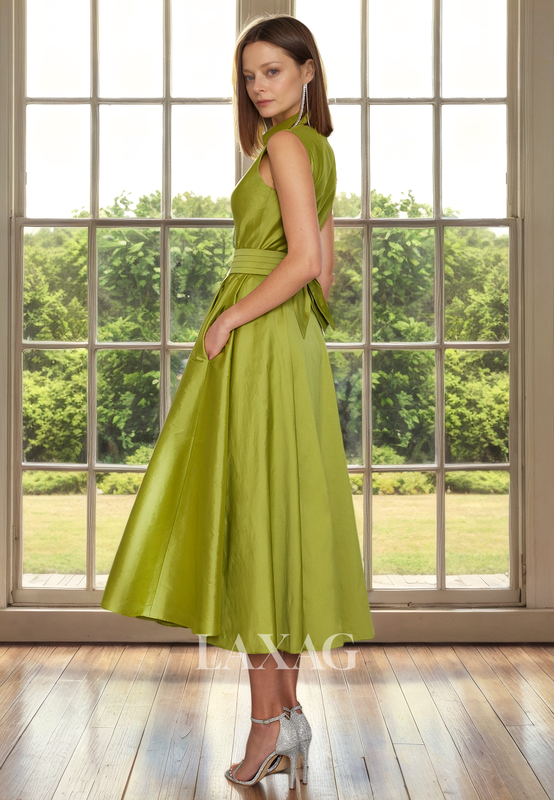 A-Line V-Neck Sleeveless Sleek Satin Ankle-Length Mother of the Bride Dress