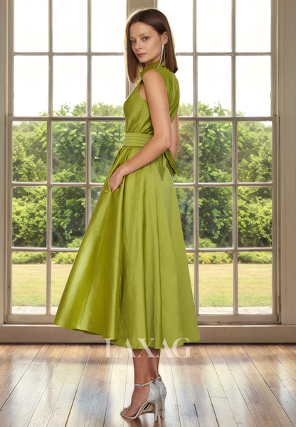 A-Line V-Neck Sleeveless Sleek Satin Ankle-Length Mother of the Bride Dress