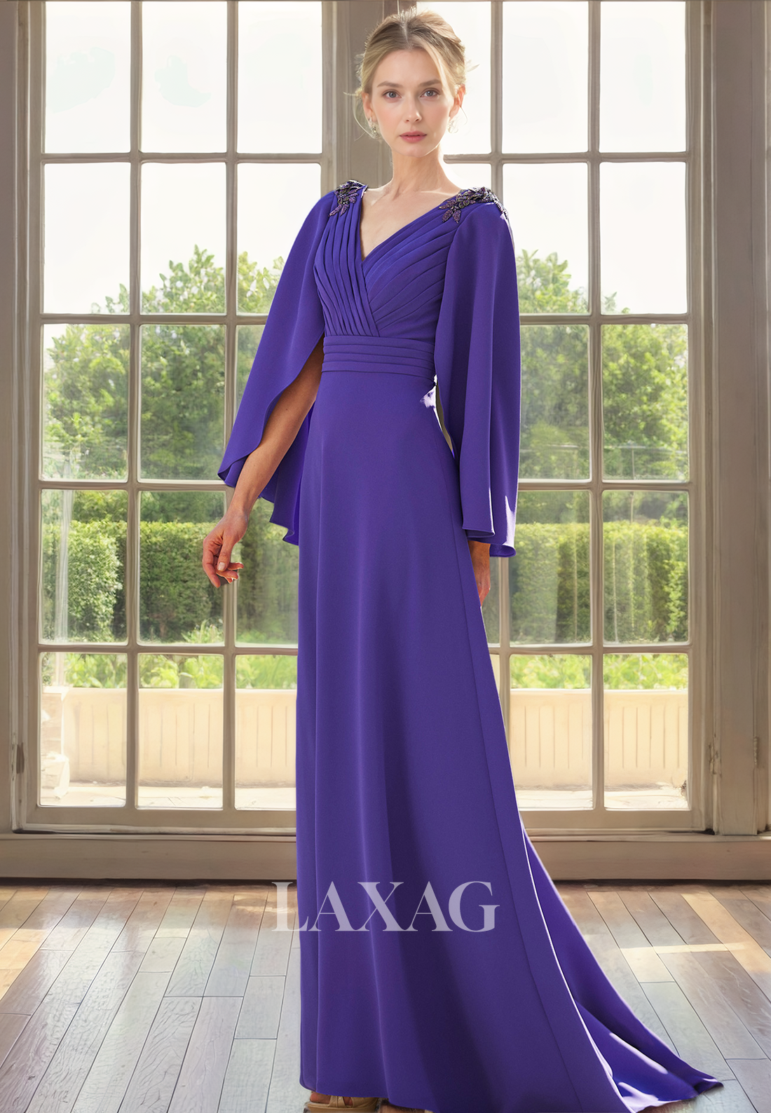 A-Line V-Neck Sleeves Appliques Beaded Elegant Mother of the Bride Dress